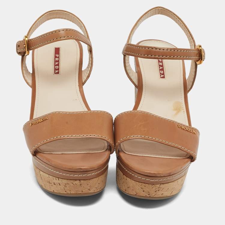Pre Owned Prada Size 39 Brown Leather Ankle Strap Wedge Sandals