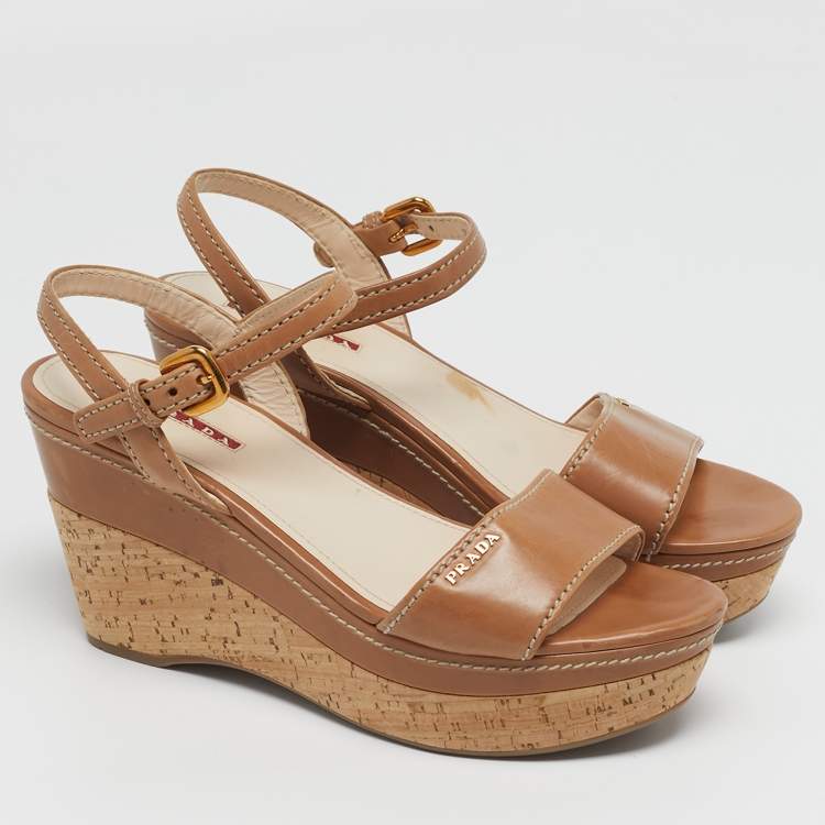 Pre Owned Prada Size 39 Brown Leather Ankle Strap Wedge Sandals