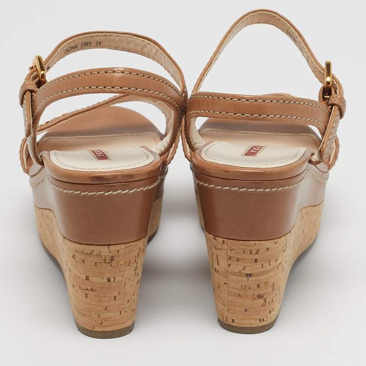 Pre Owned Prada Size 39 Brown Leather Ankle Strap Wedge Sandals