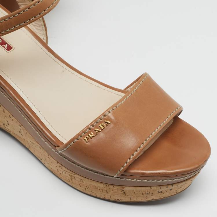 Pre Owned Prada Size 39 Brown Leather Ankle Strap Wedge Sandals