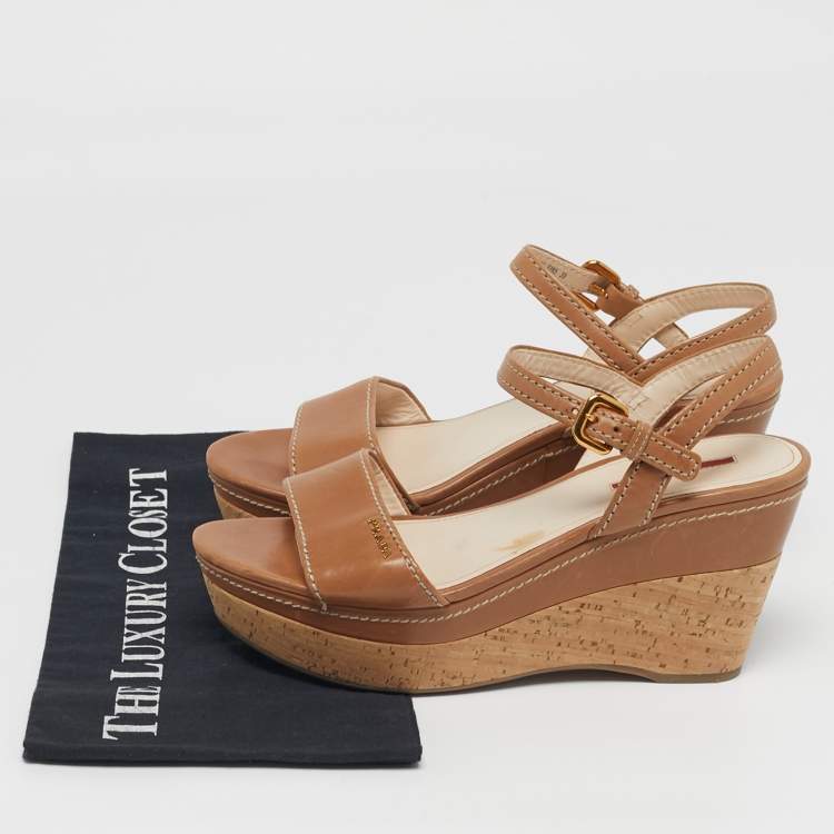 Pre Owned Prada Size 39 Brown Leather Ankle Strap Wedge Sandals