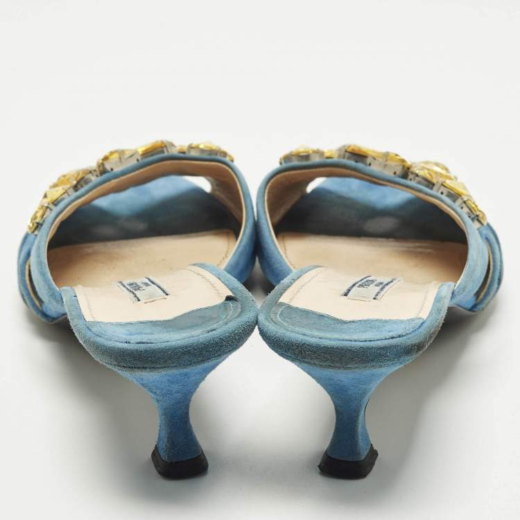 Pre Owned صندل سلايد مزين بالكريستال سويدي أزرق برادا مقاس 38