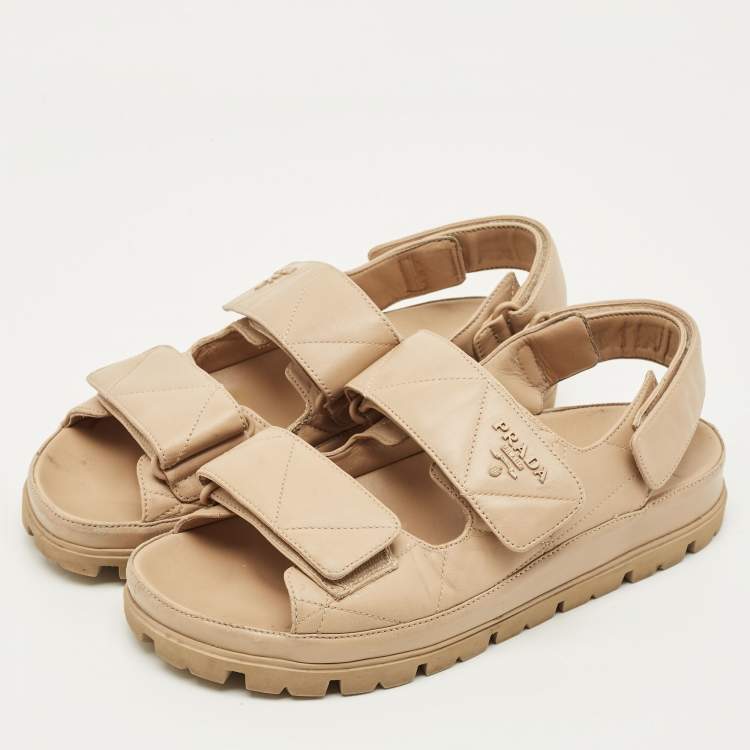 مملوكة مسبقًا Prada Size 38.5 Beige Leather Velcro Slide Sandals
