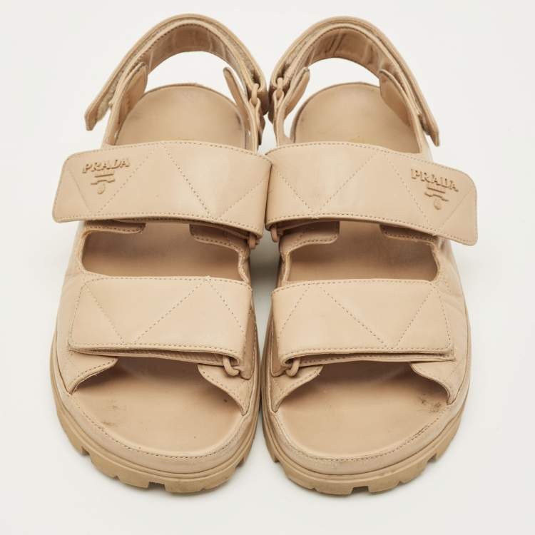 مملوكة مسبقًا Prada Size 38.5 Beige Leather Velcro Slide Sandals