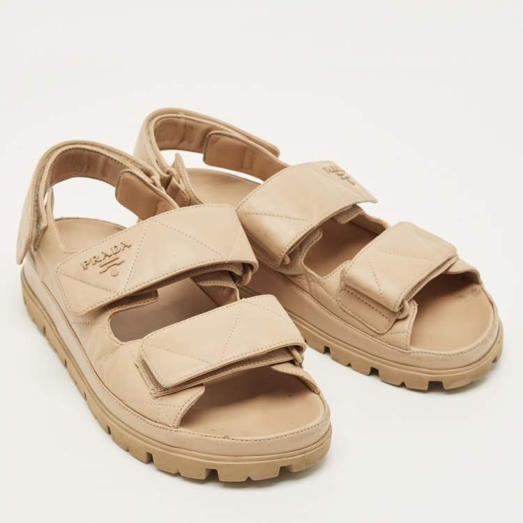 مملوكة مسبقًا Prada Size 38.5 Beige Leather Velcro Slide Sandals