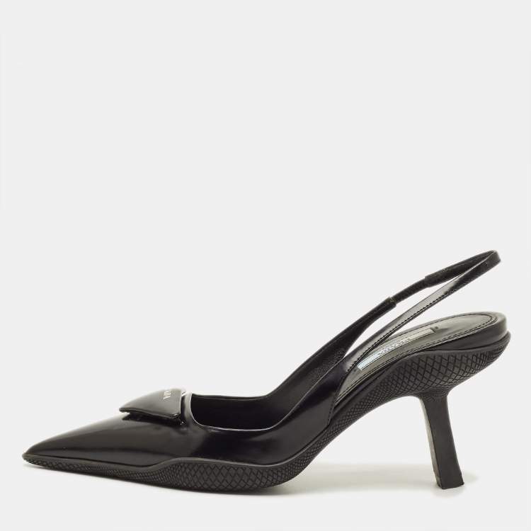 مملوكة مسبقًا Prada Size 37 Black Leather Triangle Patch Slingback Pumps