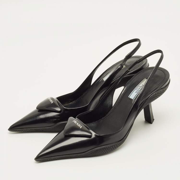 مملوكة مسبقًا Prada Size 37 Black Leather Triangle Patch Slingback Pumps