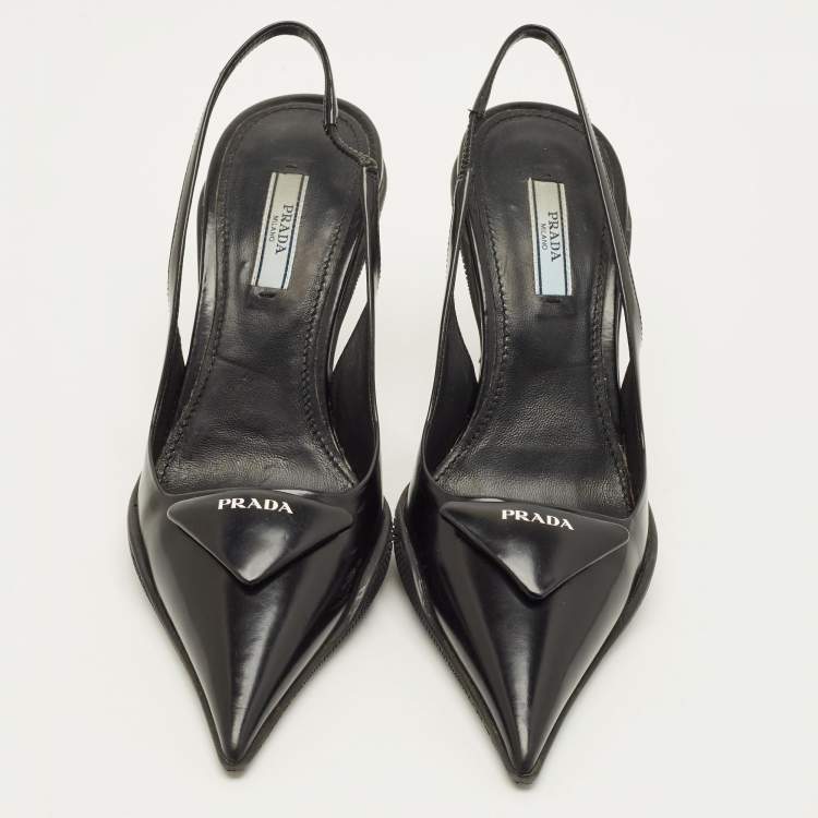 مملوكة مسبقًا Prada Size 37 Black Leather Triangle Patch Slingback Pumps