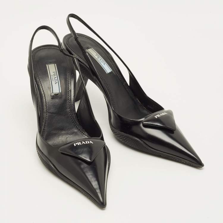 مملوكة مسبقًا Prada Size 37 Black Leather Triangle Patch Slingback Pumps