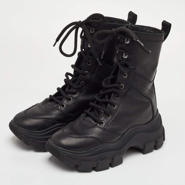 Pre Owned Prada Size 38 Black Leather Lace Up Combat Boots