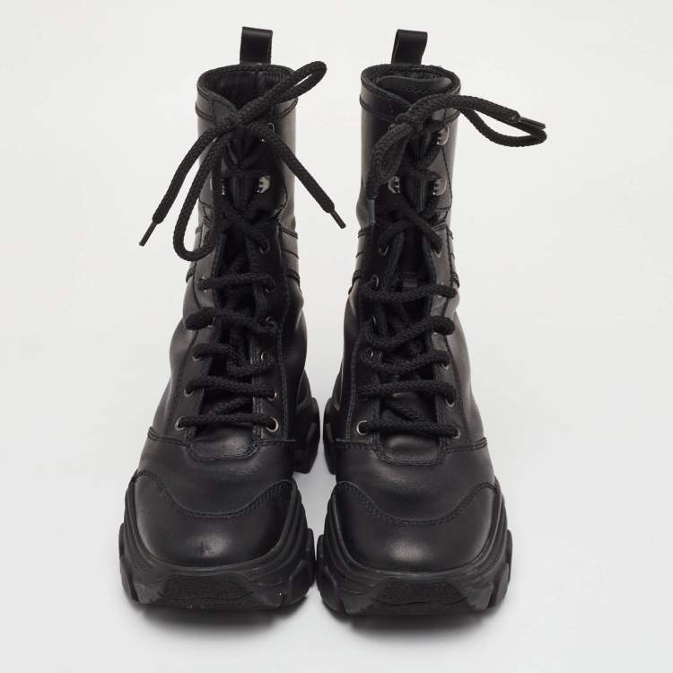 Pre Owned Prada Size 38 Black Leather Lace Up Combat Boots