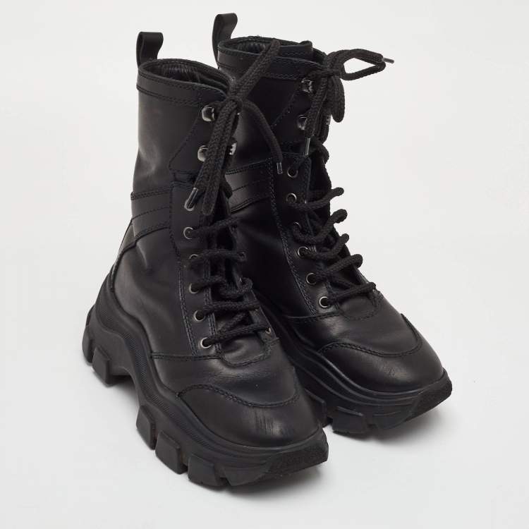 Pre Owned Prada Size 38 Black Leather Lace Up Combat Boots
