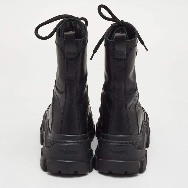Pre Owned Prada Size 38 Black Leather Lace Up Combat Boots