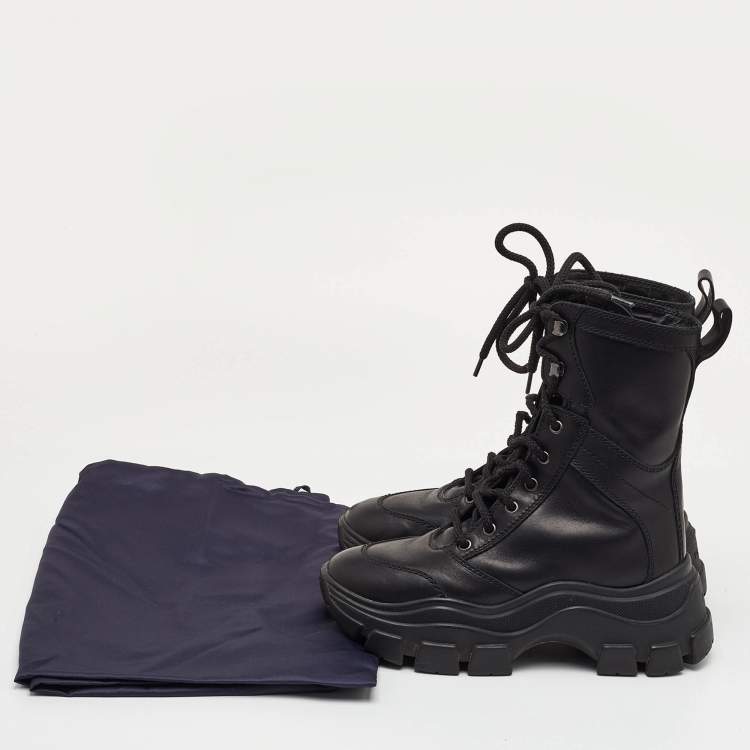 Pre Owned Prada Size 38 Black Leather Lace Up Combat Boots