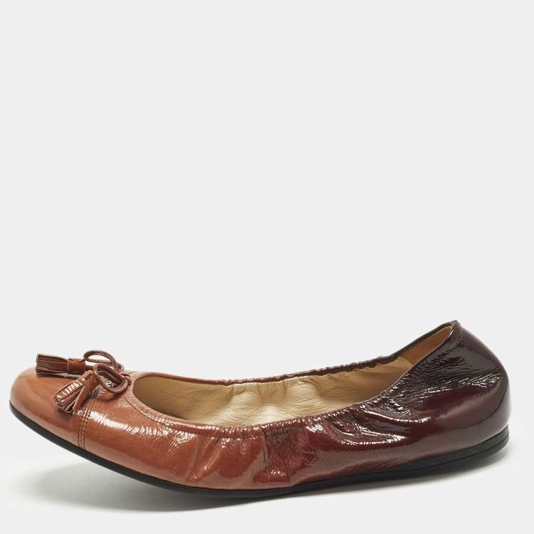 Pre Owned Prada Size 38 Brown Leather Bow Scrunch Ballet Flats