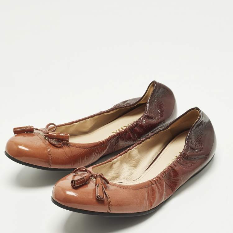 Pre Owned Prada Size 38 Brown Leather Bow Scrunch Ballet Flats