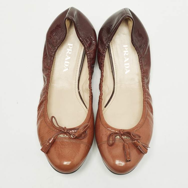 Pre Owned Prada Size 38 Brown Leather Bow Scrunch Ballet Flats