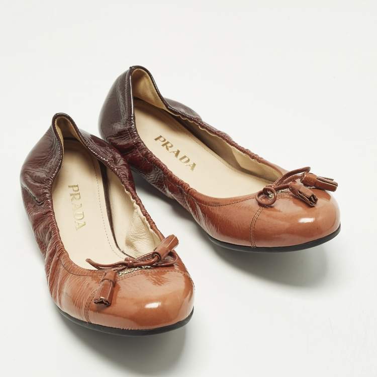 Pre Owned Prada Size 38 Brown Leather Bow Scrunch Ballet Flats
