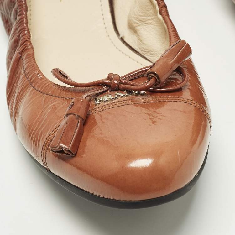 Pre Owned Prada Size 38 Brown Leather Bow Scrunch Ballet Flats