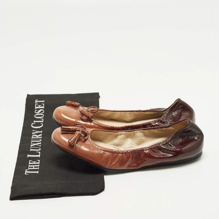 Pre Owned Prada Size 38 Brown Leather Bow Scrunch Ballet Flats