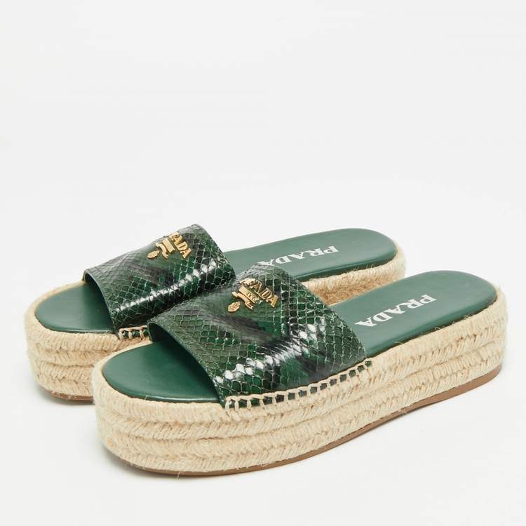 Pre Owned Prada Size 36 Green Python Embossed Leather Platform Espadrille Sandals 