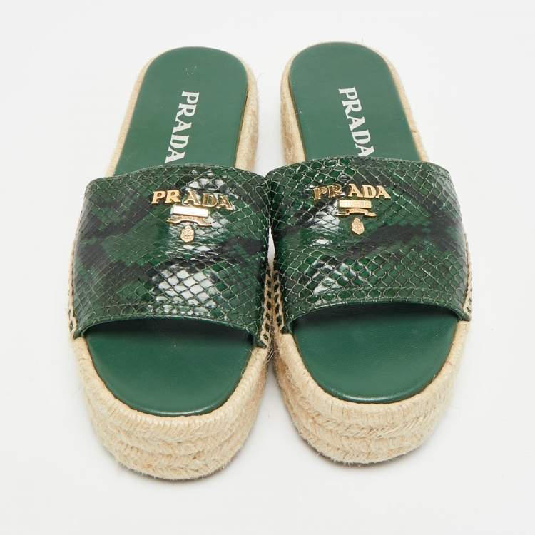 Pre Owned Prada Size 36 Green Python Embossed Leather Platform Espadrille Sandals 