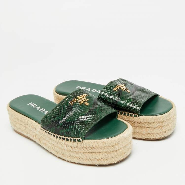 Pre Owned Prada Size 36 Green Python Embossed Leather Platform Espadrille Sandals 