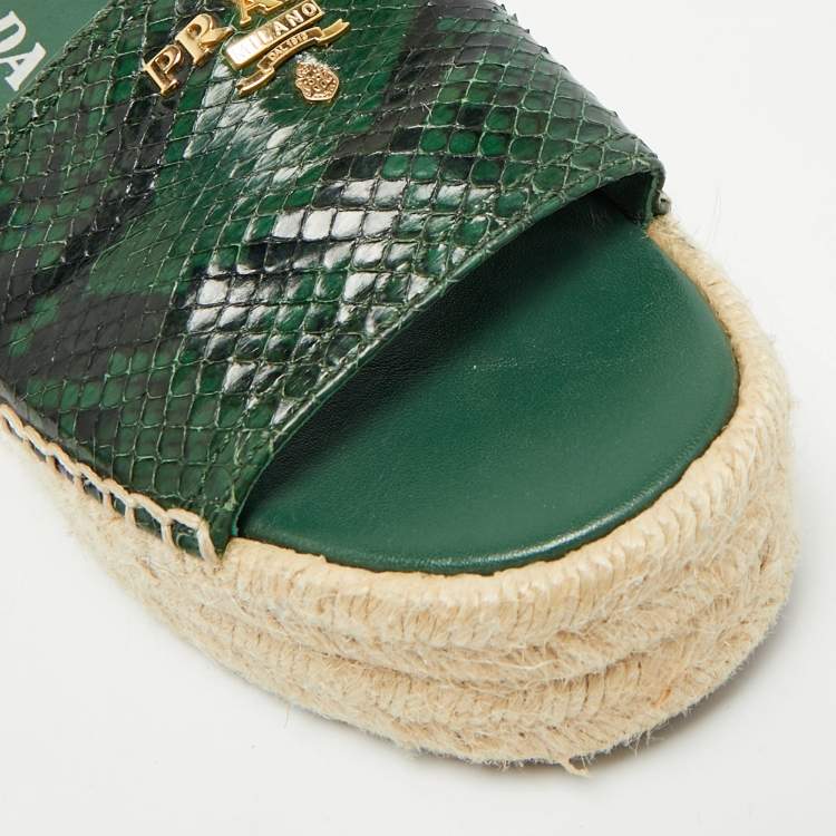Pre Owned Prada Size 36 Green Python Embossed Leather Platform Espadrille Sandals 