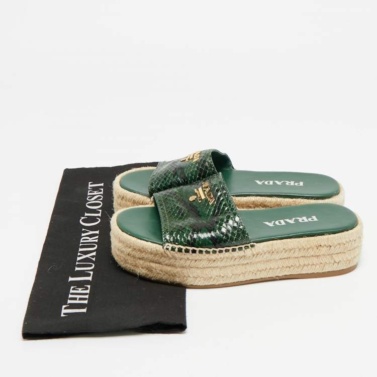 Pre Owned Prada Size 36 Green Python Embossed Leather Platform Espadrille Sandals 