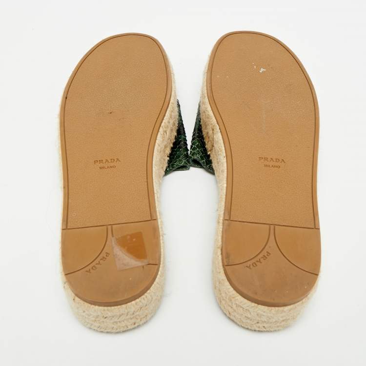 Pre Owned Prada Size 36 Green Python Embossed Leather Platform Espadrille Sandals 
