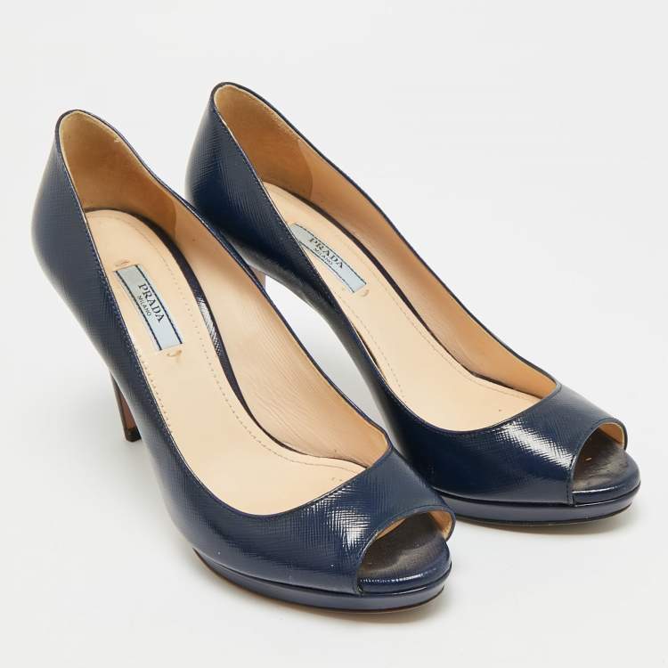 Pre Owned Prada Size 38 Navy Blue Saffiano Leather Platform Peep Toe Pumps