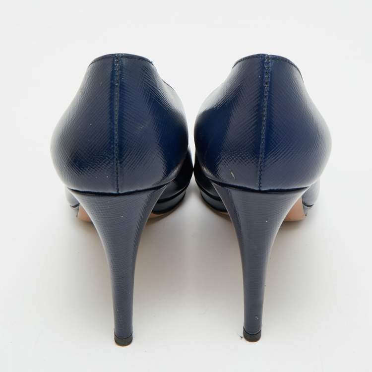 Pre Owned Prada Size 38 Navy Blue Saffiano Leather Platform Peep Toe Pumps