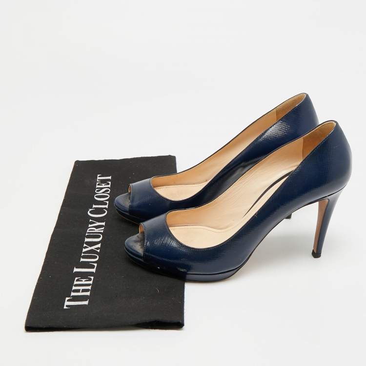 Pre Owned Prada Size 38 Navy Blue Saffiano Leather Platform Peep Toe Pumps