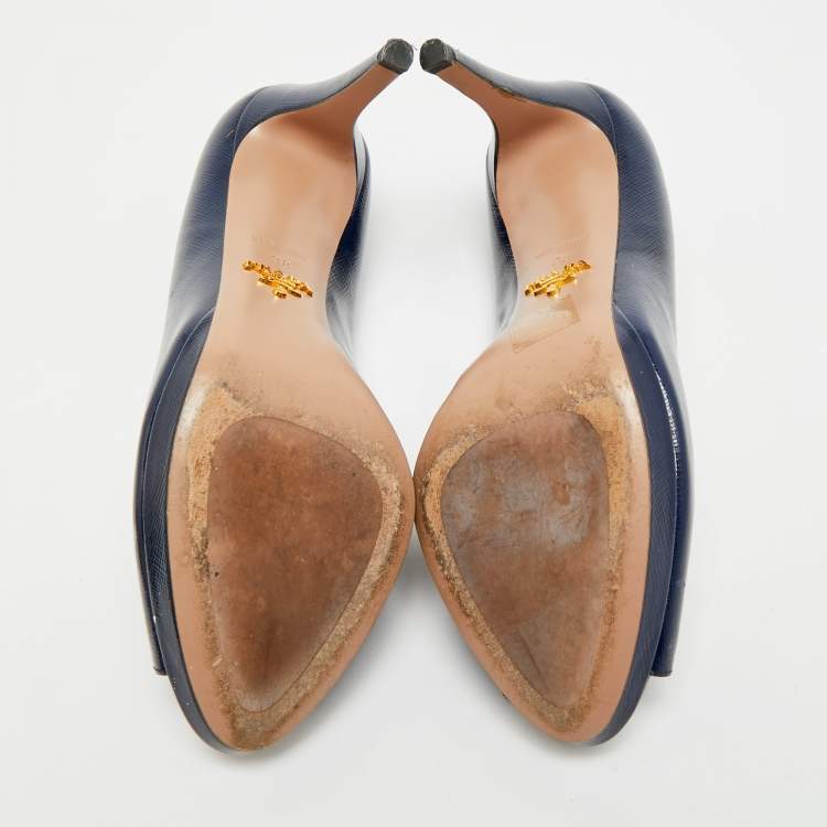 Pre Owned Prada Size 38 Navy Blue Saffiano Leather Platform Peep Toe Pumps