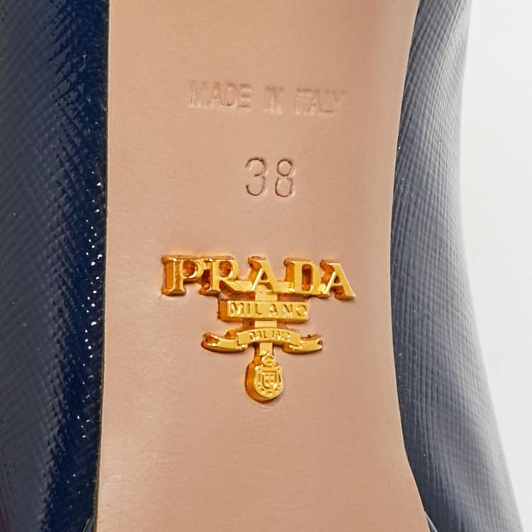 Pre Owned Prada Size 38 Navy Blue Saffiano Leather Platform Peep Toe Pumps