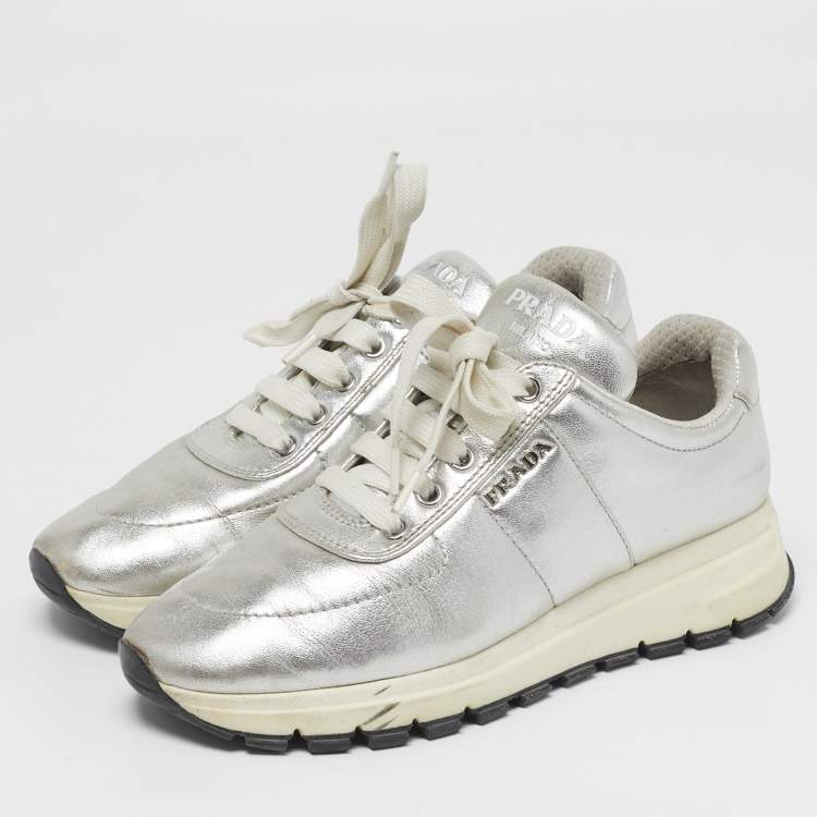 مملوكة مسبقًا Prada Size 36.5 Silver Leather Lace Up Sneakers