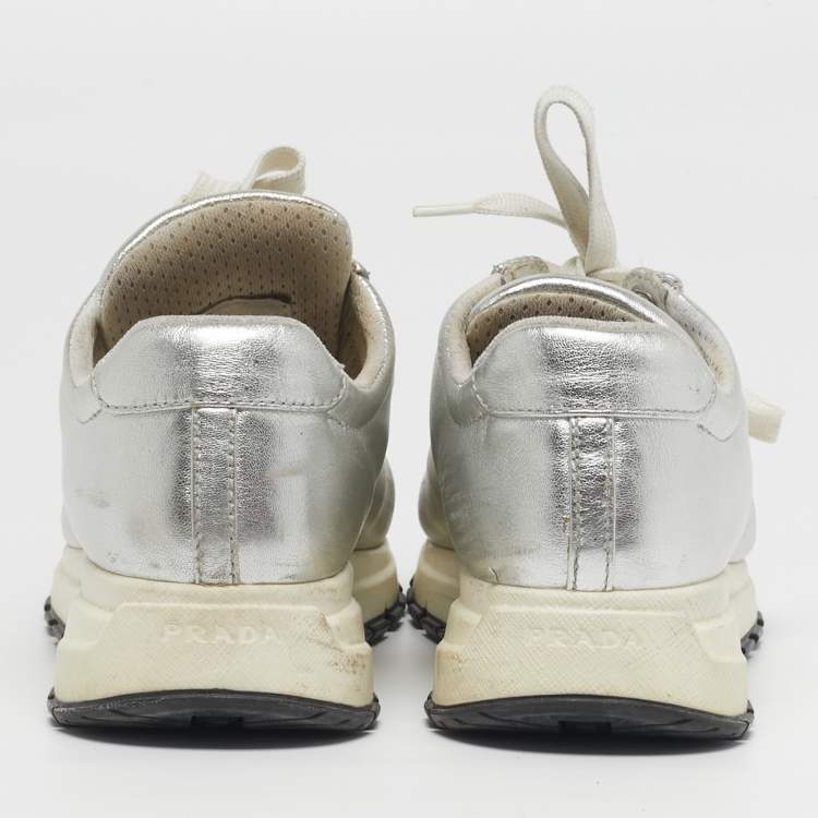 مملوكة مسبقًا Prada Size 36.5 Silver Leather Lace Up Sneakers