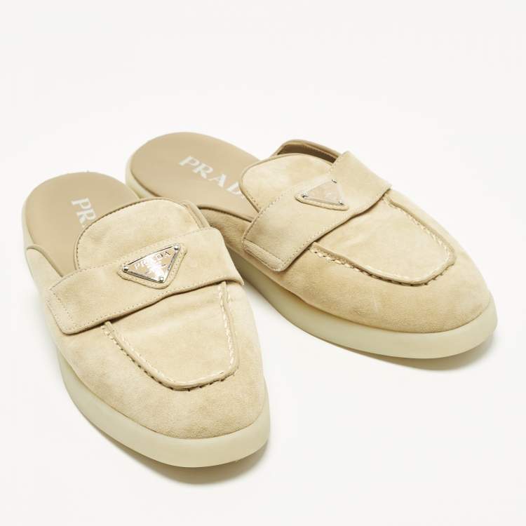 Pre Owned Prada Size 36 Beige Suede Logo-Plaque Flat Mules