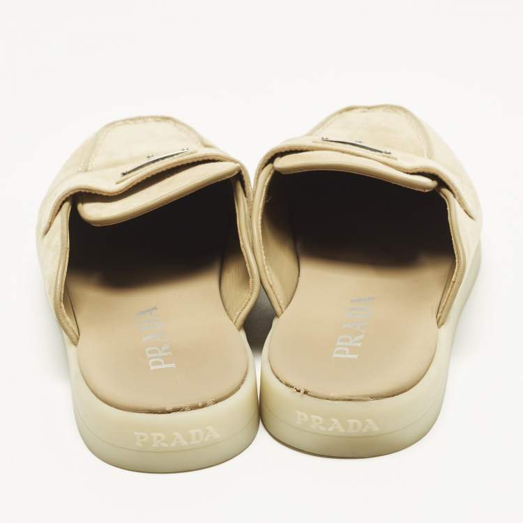 Pre Owned Prada Size 36 Beige Suede Logo-Plaque Flat Mules