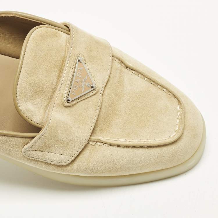 Pre Owned Prada Size 36 Beige Suede Logo-Plaque Flat Mules