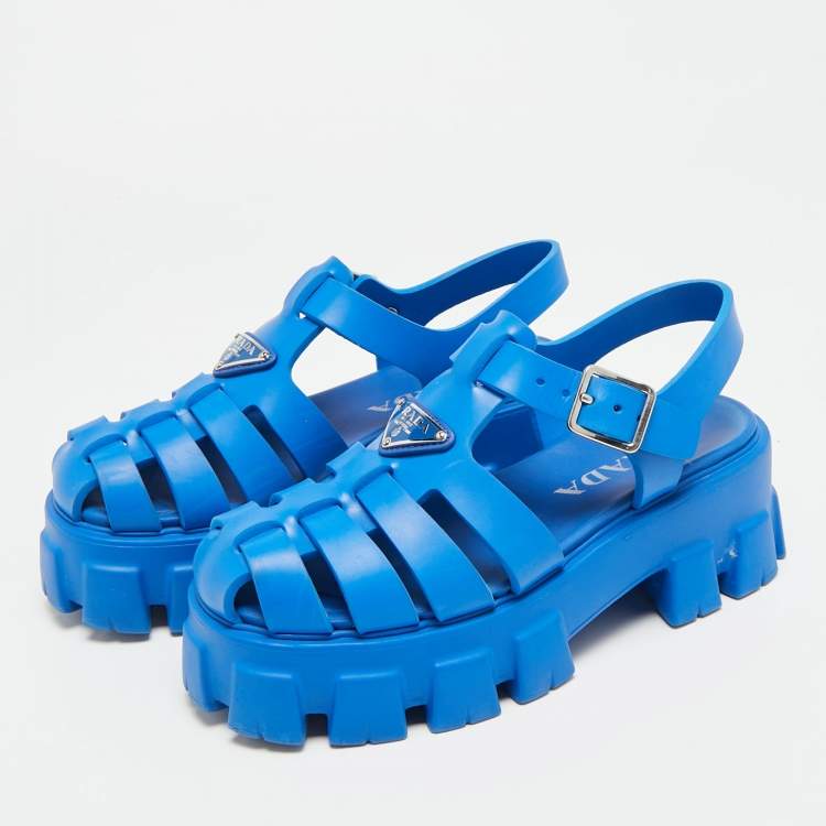 Pre Owned Prada Monolith Size 37 Blue Rubber Platform Sandals