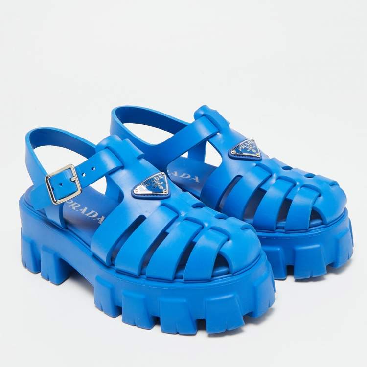 Pre Owned Prada Monolith Size 37 Blue Rubber Platform Sandals