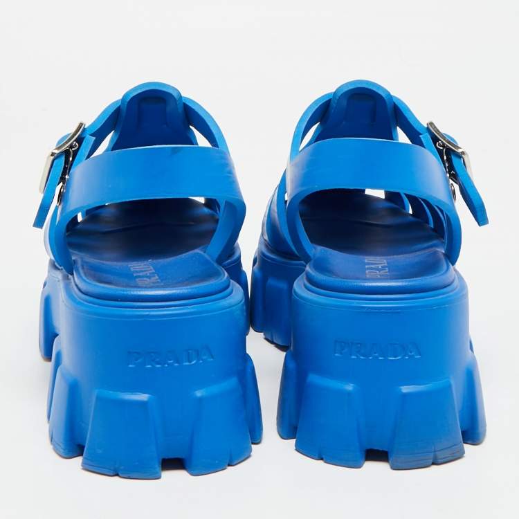 Pre Owned Prada Monolith Size 37 Blue Rubber Platform Sandals