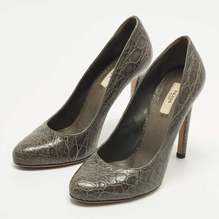 Pre Owned Prada Size 37.5 Grey Croc Embossed Leather Pumps