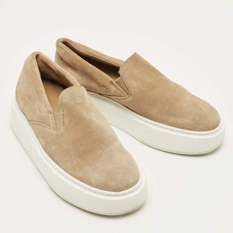 Pre Owned Prada Size 38.5 Beige Suede Platform Slip On Sneakers