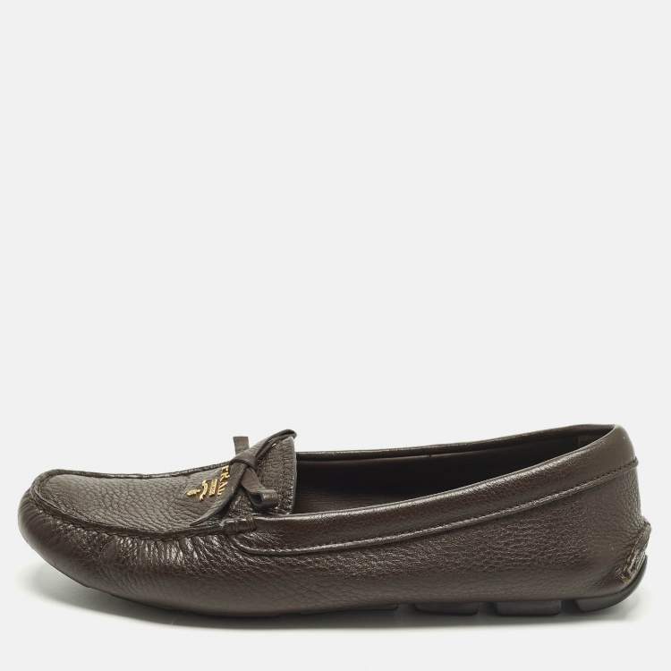 Pre Owned Prada Size 37.5 Brown Leather Slip On Loafers