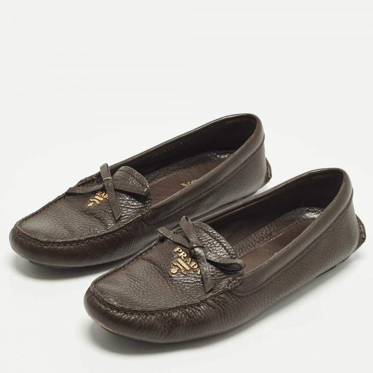 Pre Owned Prada Size 37.5 Brown Leather Slip On Loafers
