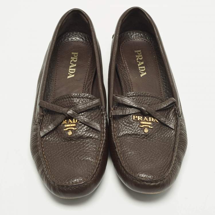 Pre Owned Prada Size 37.5 Brown Leather Slip On Loafers
