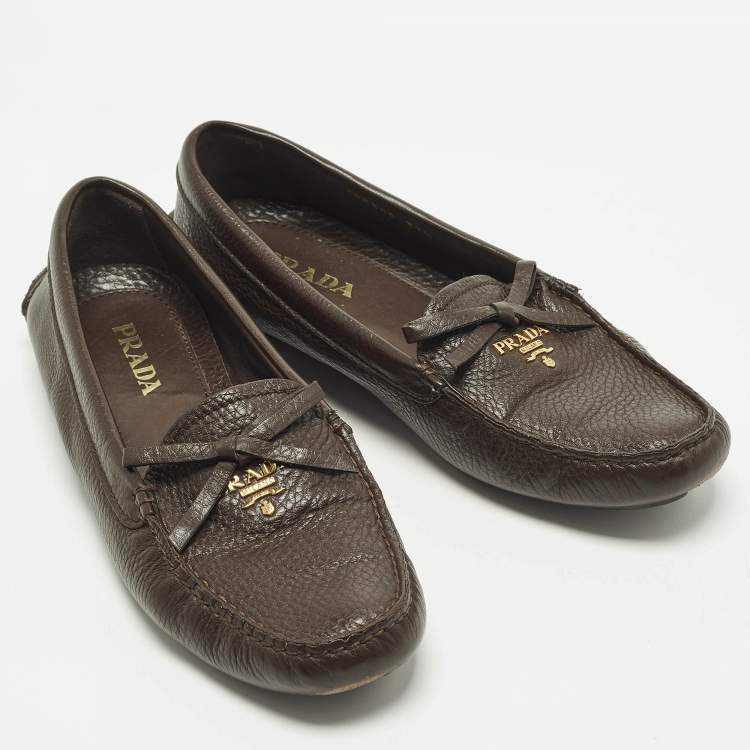 Pre Owned Prada Size 37.5 Brown Leather Slip On Loafers