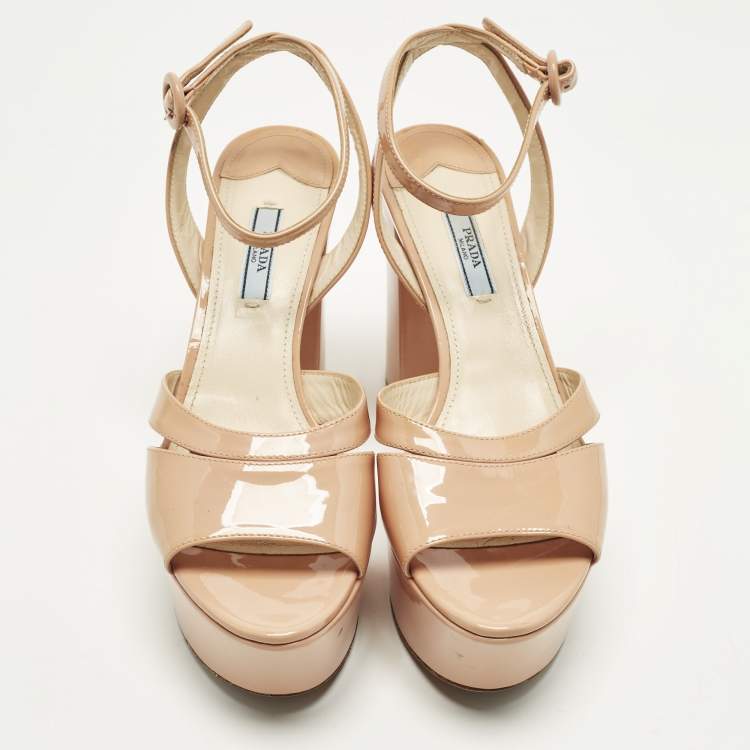 Pre Owned Prada Size 39.5 Beige Patent Leather Platform Block Heel Ankle Strap Sandals